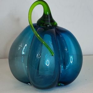Vintage Delicate Hand-blown Glass Art Teal Pumpkin- Signed Ellis 83